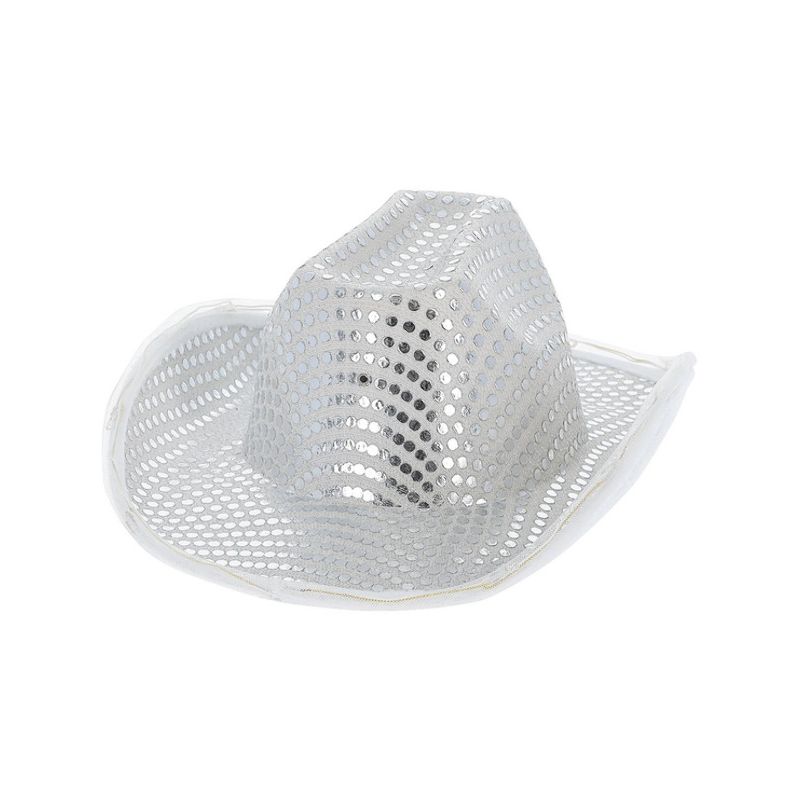LED Light Up Sequin Cowboy Hat Silver Adult 1