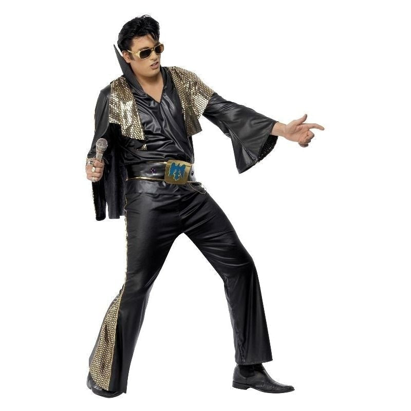 Costumes Australia Elvis Costume Adult Black Gold Jumpsuit_2