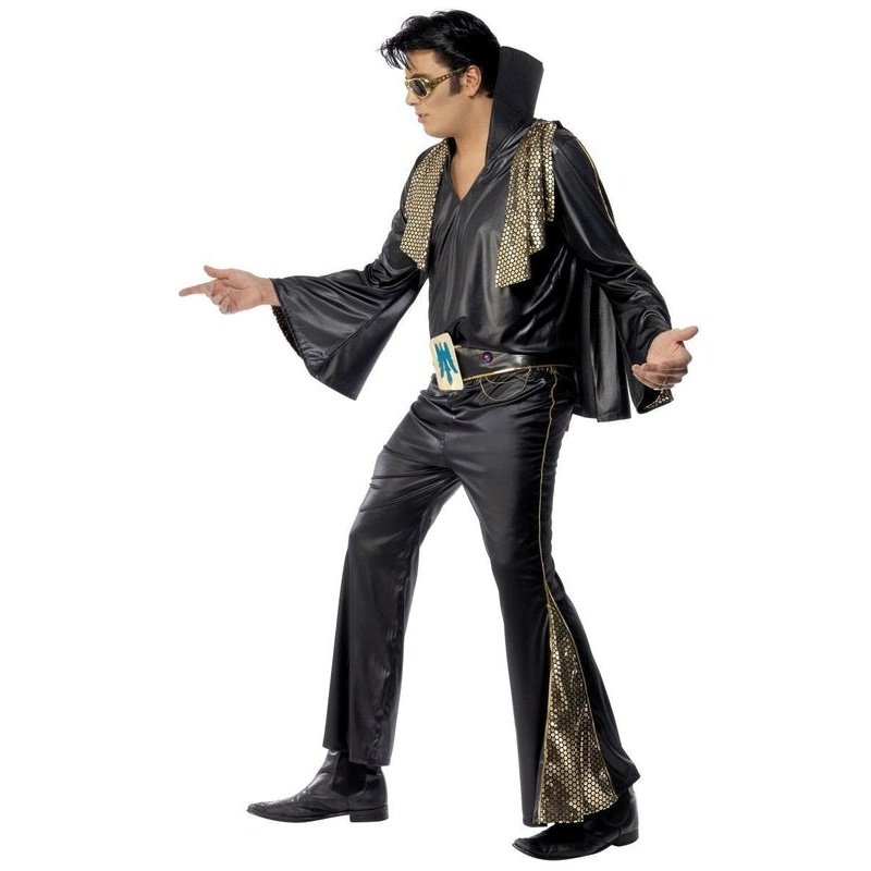 Costumes Australia Elvis Costume Adult Black Gold Jumpsuit_3