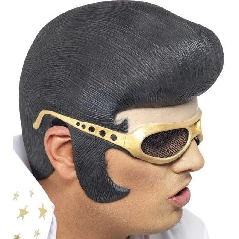 Costumes Australia Elvis Headpiece Adult Black Rubber With Gold Moulded Glasses_1