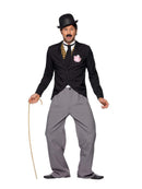 1920s Star Costume Charlie Chaplin Black Grey Trousers Jacket Mock Waistcoat Tie