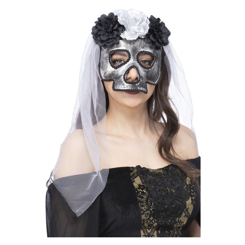 Costumes Australia Skull Bride Mask with Veil Adult Grey_1