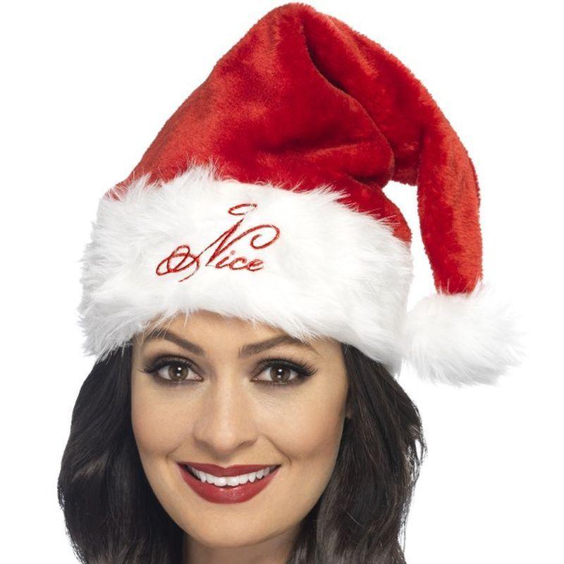 Naughty Or Nice Santa Hat Adult Red Whte Womens -1