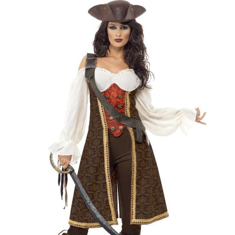 High Seas Pirate Wench Costume, with Dress, Trousers and Baldric - UK Dress 8-10 Womens Brown/White