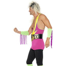 Retro Wrestler Costume Adult Multi Coloured Bodysuit Belt Arm Leg Cuffs