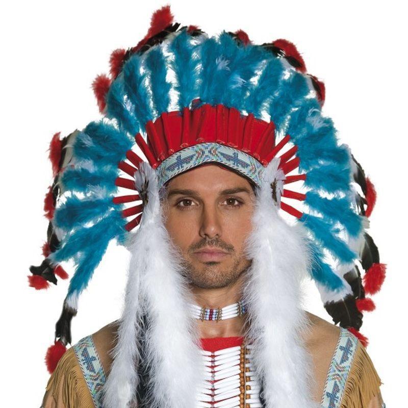 Native American Inspired Headdress Adult Blue Red White Mens -1