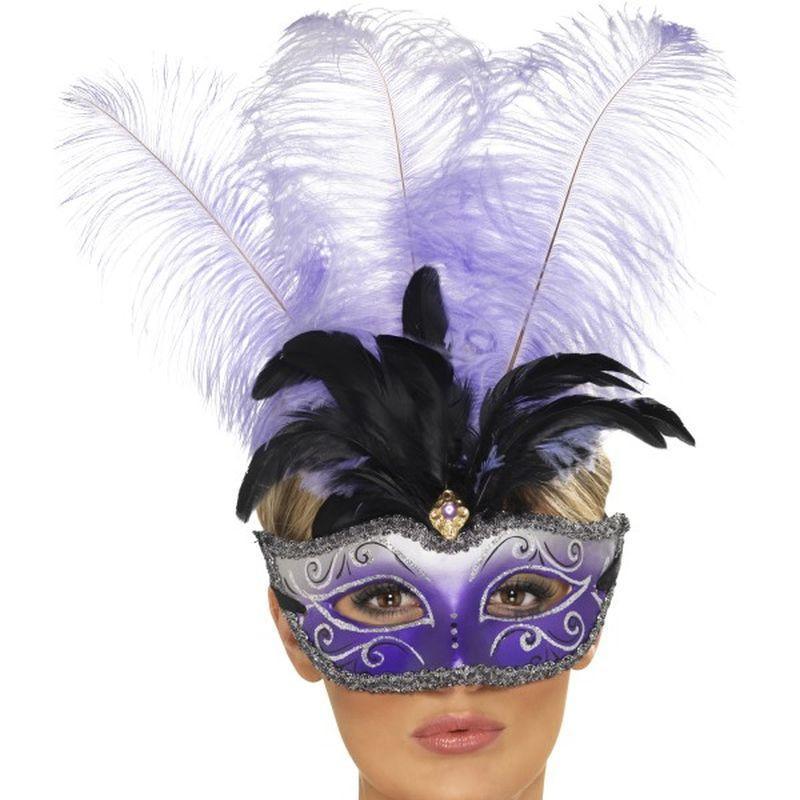 Venetian Colombina Eyemask with Multicolour Plume - One Size