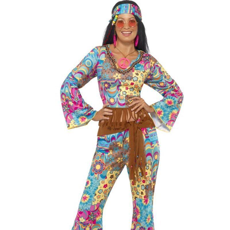 Hippy Flower Power Costume - UK Dress 8-10 Womens Blue/Yellow