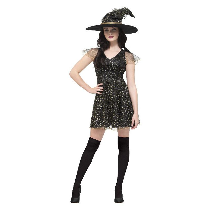 Fever Moon & Stars Witch Costume Adult Black Gold Costume Make Up