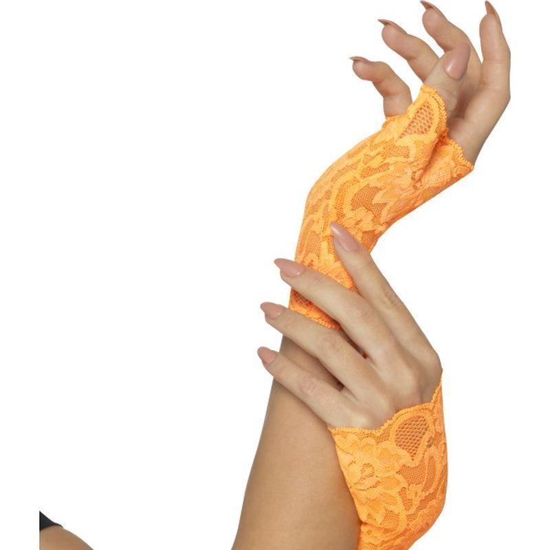 80s Fingerless Lace Gloves Short Adult Neon Orang Womens Orange -1