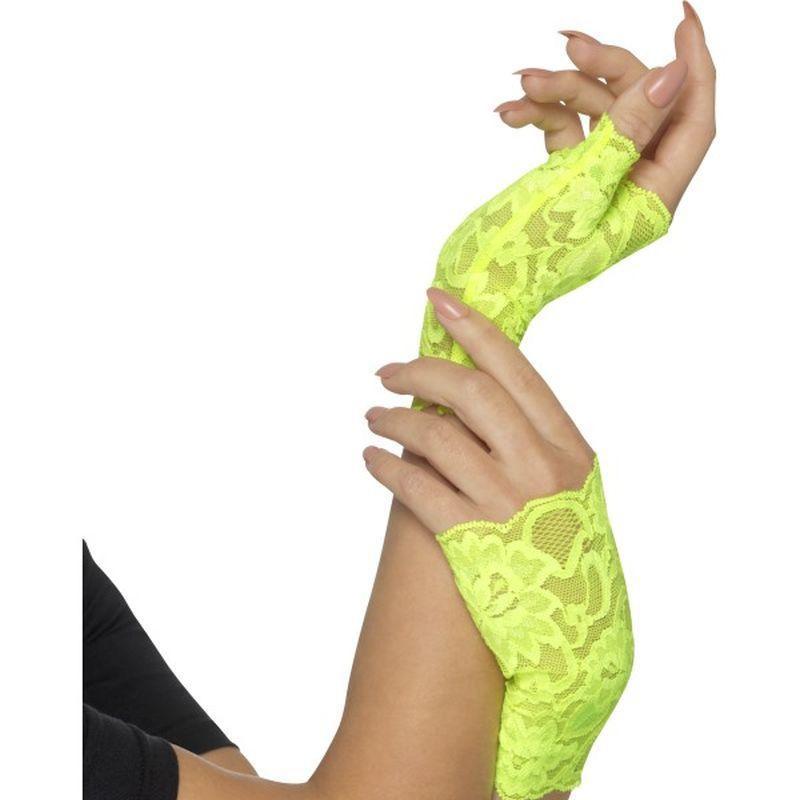 80s Fingerless Lace Gloves Adult Neon Green Womens -1