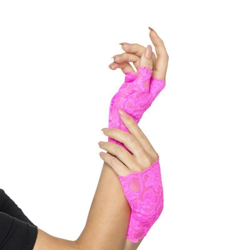 80s Fingerless Lace Gloves Adult Neon Pink Womens -1