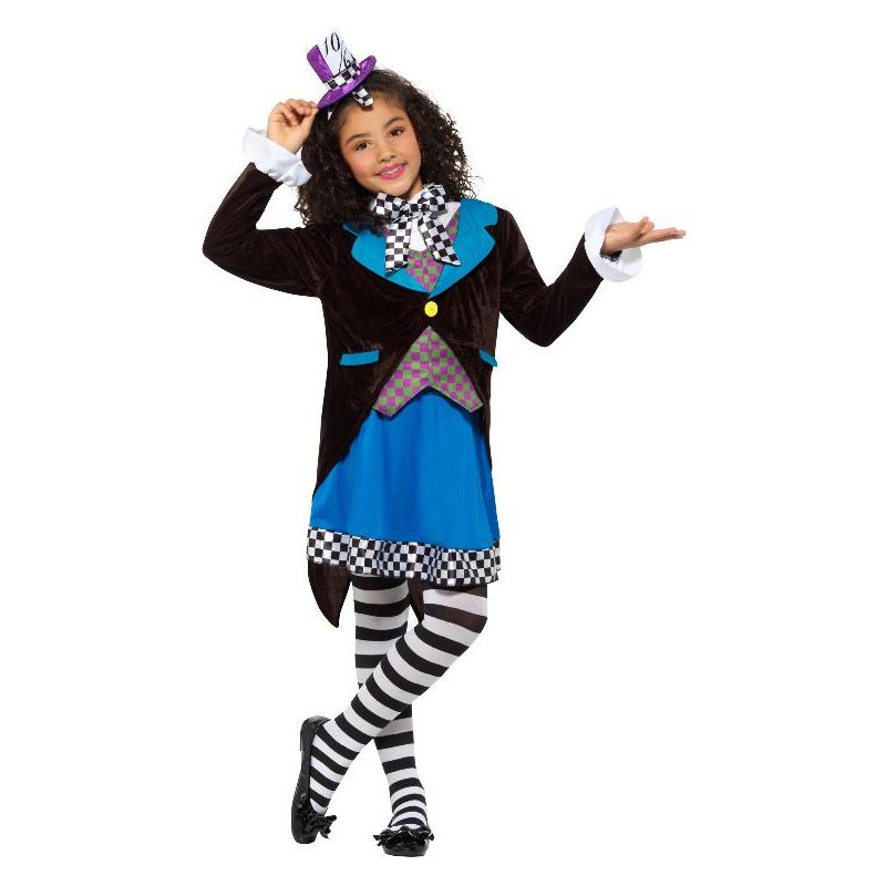 Deluxe Little Miss Hatter Costume Dress Attached Waistcoat Cravat Top Hat