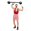 Strongman Muscle Tattoo Costume Adult Red White Striped Jumpsuit