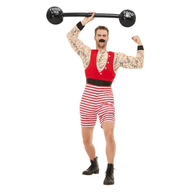 Strongman Muscle Tattoo Costume Adult Red White Striped Jumpsuit