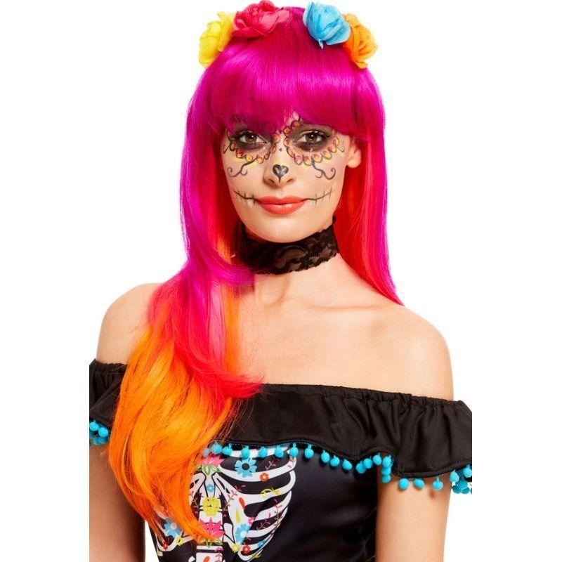 Day Of The Dead Wig Adult Pink Orange Womens