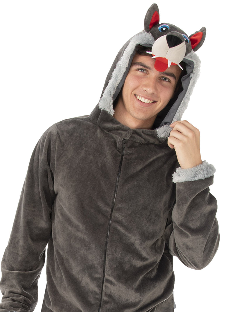 Wolf Hooded Onesie Costume Mens Grey