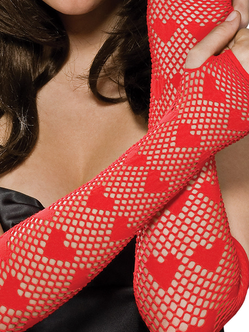 Fishnet Fingerless Long Heart Gloves Red Womens -2