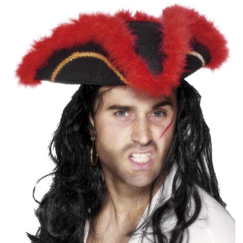 Pirate Tricorn Hat, Red Feather - One Size