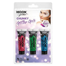 Moon Glitter Classic Chunky Gel Clamshell, 12ml. 3 Colour Set Costume Make Up